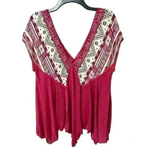 Free People Red Combo Top Women's Small V-Neck Blouse